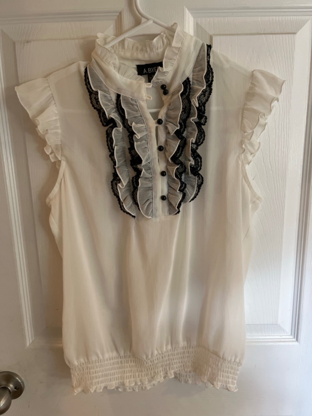 A. Byer Ivory Black Lace Ruffle Blouse Size Medium